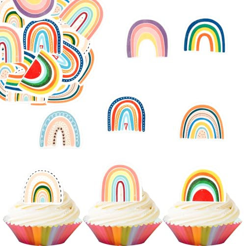 ENLACE Essbare Regenbogen Tortendeko Geburtstag,40 Stück Regenbogen Kuchen Deko Geburtstag Essbar,Cupcake Topper Regenbogen Deko Kindergeburtstag,Esspapier Regenbogendeko Torte Taufe