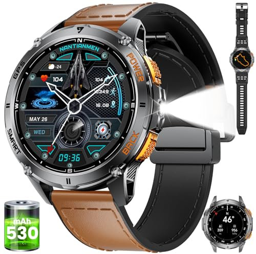 ESFOE DM4 Montre Connectée Homme GPS Torche LED 530mAh Batterie, 1,43'' AMOLED Montre Connectée Militaire avec Baromètre, Boussole, Fréquence Cardiaque, SpO2, Sommeil, 5ATM Étanche pour Android iOS