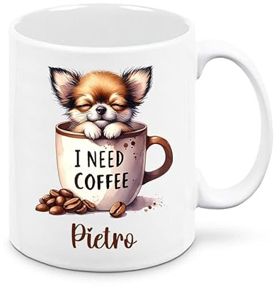 Mr. Gadgets Tasse aus Keramik, 350 ml, Hundemotiv, personalisierbar mit Namen (Chihuahua)