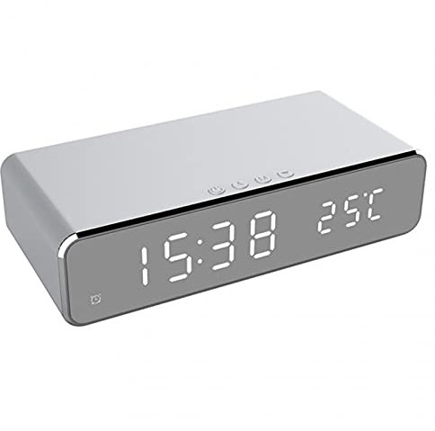 TAIBOSL Multifunktions-LED-Wecker, elektronischer Wecker, Temperatur- und Zeitanzeige mit kabellosem Handy-Ladegerät, FM-Radio, Bluetooth, Tischuhr (02)