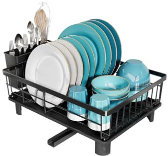 Escurreplatos para platos y cubiertos, escurridor de platos de acero inoxidable, escurreplatos para encimera de cocina, con soporte para cubiertos y caño giratorio, color negro