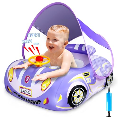 RDDAIPE Salvagente Neonato con Volante, Salvagente Macchinina, Salvagente Bambini con Parasole SPF 50+, Gonfiabile Neonato con Parasole, Salvagente Bambino per Piscina, Mare, Bambini 1-4 Anni, Viola