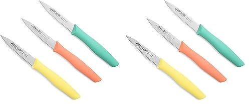 Arcos Set Cuchillos Mondadores. 3 Piezas Acero Inoxidable. Cuchillos Cocina Peladores Multicolor para Pelar Frutas y Verduras. Mango Ergonómico Polipropileno. Serie Nova. Naranja, Amarillo y Azul.