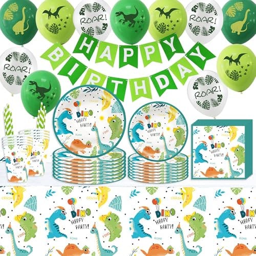 Dinosaur Kids Birthday Decorations Tableware - 90 Pieces Party Supplies for Boys Girls, Dino Latex Balloon Table Cloth Paper Plates Napkins Cup Straws for Children Kit