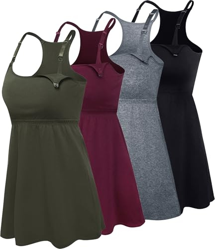 SUIEK Cotton Maternity Nursing Tank Tops with Bralette Breastfeeding Shirts Pregnancy Clothes, Zblack+army Green+burgundy+charcoal 4pack, XL