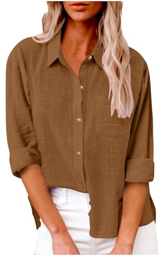 Yolimok Womens Long Sleeve Tops Casual Blouses Button Down Linen Shirts Collared Loose Oversized Summer Tops Dressy Blouses for Women UK Office Work Ladies Top Plus Size 8-22