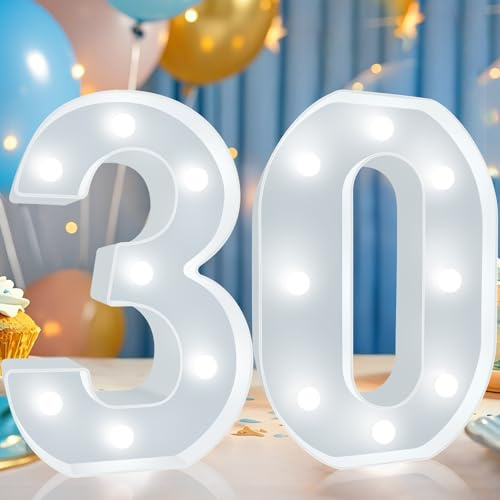 Decorative LED Light Up Numbers, 30th Birthday Decoration for Her Him, Cool White Marquee Numbers 30 Sign for Her Him Gift Party Backdrop 30th Wedding Anniversary Decor, Number 30