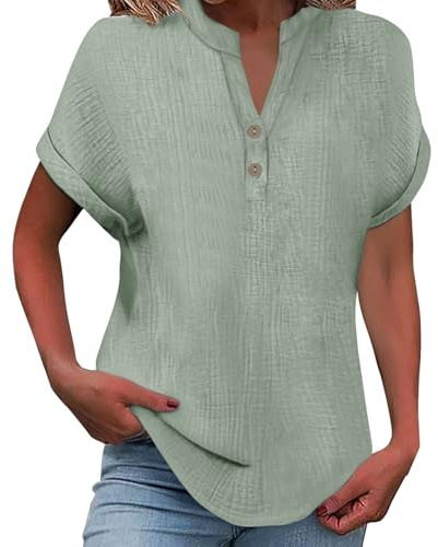 Uwdiohq Modisches und lässiges T-Shirt für Damen, einfarbig, V-Ausschnitt, knitterfrei, mit Knopfleiste, kurzärmelig, aufgerollt Schwarzes Kleid Damen Mit Ärmel Coole Tshirts Basic Shirt Kurzarm