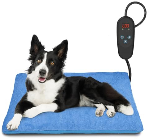 Heizkissen für Haustiere mit Regler, geeignet für Katzen und Hunde, mit 6 Temperatureinstellungen und einem 24-Stunden-Timer, LED-Anzeige, Sicherheitsheizdecke mit bissfestem Kabel-Blau 45*75cm