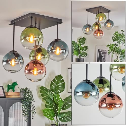 HOFSTEIN Deckenleuchte Gastor, 5-flammige Deckenlampe aus Metall/Glas in Schwarz/Blau/Grün/Kupfer/Klar, Leuchte im Retro/Vintage-Design (Schirme Ø 15 cm), E14, Esszimmer, Wohnzimmer, Schlafzimmer
