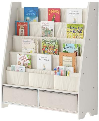 HEYOUTH Montessori bokhylla i massivt trä med 2 lådor och 4 öppna hyllor - barnskåp, bokhylla med anti-studsning 86 x 70 x 28 cm