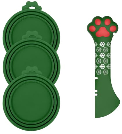 DORUI Weihnachtliches Haustier-Set – 3 Deckel für Katzenfutter und 1 BPA-freier Dosenöffner | Niedlicher Pfotenform Öffner Spatel Löffel für Nassfutter | Silikonlöffel & Abdeckungen für Hund Katze