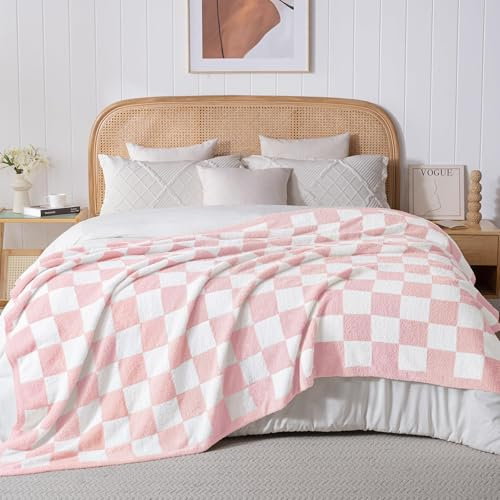 Exclusivo Mezcla Karierte Decke, Weiche Gestrickte Kuscheldecke, Kuschelige Karo Fleecedecke, Leichte Flauschige Decke für Sofa und Bett, 150x200 cm, Rosa