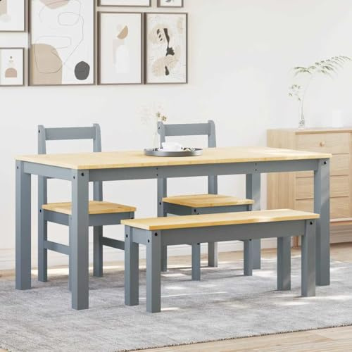 Massbinet 4-TLG. Essgruppe Panama Grau Massivholz Kiefer Esstisch mit Stühlen Holz Set Industrial Modern Esszimmer Küche Stühle Tisch Möbel Esszimmerstühle Sitzgruppe