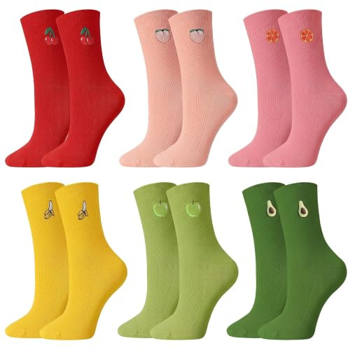 kodinsiivous 6 Paar Lustige Socken Damen 35-40 Lange Bunte Socken mit Motiv | Baumwollsocken,Obst Motiv,Tennissocken Damen,Witzigen Sportsocken,Geschenk für Frauen,Geeignet für Sport und Alltag