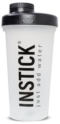 INSTICK Shaker 600 ml – Mix-Becher, BPA-frei mit geprägter Messskala & Sieb, auslaufsicherer Schraubdeckel, für Proteinshakes & Fitness – Transparent‑Weiß