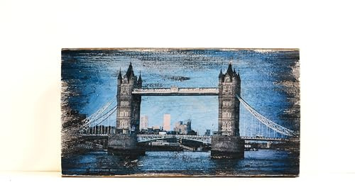 Tower Bridge London – Handgemachter Holzdruck auf Upcycling-Dachbalken – Vintage Wandbild 27×15×5 cm – Rustikale London Deko