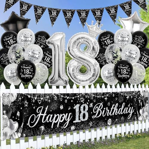 Tasoraor Deko 18 Geburtstag Junge Mädchen - Schwarz Silber Große Happy 18 Birthday Banner Girlande 240 x 40cm), Wimpel Konfetti Ballons und XXL Zahlen Luftballon für 18 Geburtstagsdeko Party