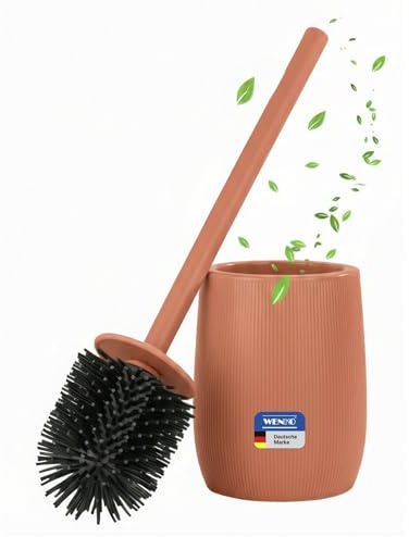 WENKO WC-Garnitur Mod. Fablo aus Keramik mit Rillenoptik, freistehender Toilettenbürstenhalter, Silikon-Bürstenkopf und Flexible Kunststoffabdeckung, Standgarnitur für Bad und Gäste-WC, braun matt