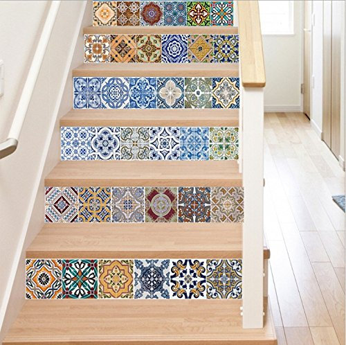 FLFK 6 pièces Autocollant de Tuile Stickers Carrelage Auto-adhésif Étanche pour escalier Cuisine Salle de Bains Autocollant Mural Fond d'écran Décor 100x18cm (GXL007)