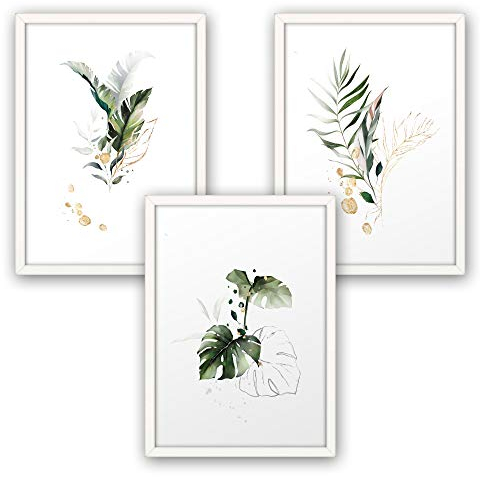 3-teiliges Premium Poster-Set | Kunstdruck | Botanik grün | Blätter | Deko Bild für Ihre Wand | optional mit Rahmen | Wohnzimmer Schlafzimmer Modern Fine Art | DIN A4 / A3 (A4, weißer Rahmen)