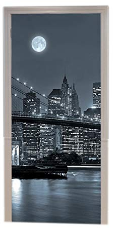 A.Monamour Türtapete Selbstklebend Türfolie Türposter 3D New York Brooklyn Brücke Manhattan Skyline Bei Nacht Monochrom Vinyl Folie Türdeko Tapete Wandbild Türaufkleber Türtattoo 77 x 200 cm