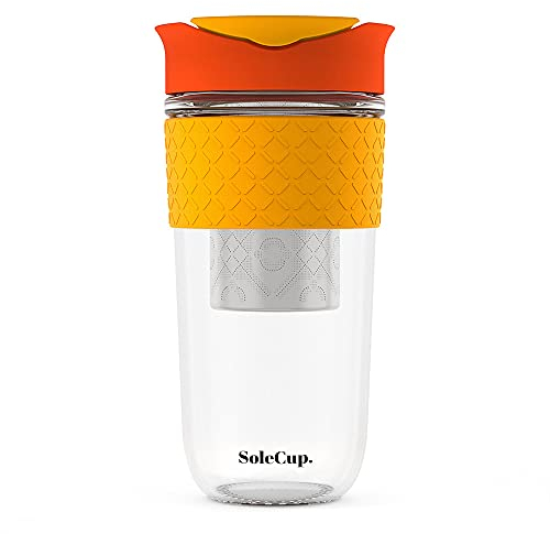SoleCup. Taza de viaje grande con infusor de té suelto, colador de té desmontable con tapa a prueba de derrames, 530 ml, taza de café de vidrio reutilizable sin BPA con banda de silicona (rojo, 530 ml