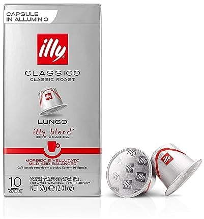 illy, Cafè en Capsules Compatibles en Aluminium CLASSICO Lungo, 100% Arabica avec des Notes de Fleur d'Oranger et de Jasmin, Goût Doux, 10 Paquets de 10 (100 Capsules au Total)