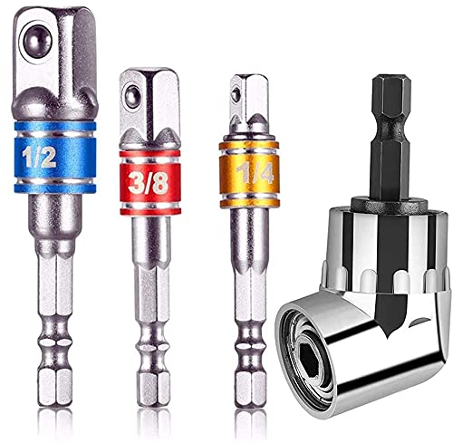 XINCHAO 1 Stücke 105° Winkelschrauber und 3 Stücke Stecknuss Adapter [ 1/2,1/4, 3/8],Nuss Adapter Socket Steckschlüssel Nuss Set für Bithalter für Akkuschrauber. Verlängerung