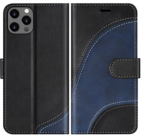 BoxTii Hülle für iPhone 13 Pro Max, Leder Handyhülle für iPhone 13 Pro Max, Ledertasche Klapphülle Schutzhülle mit Kartenfächer und Magnetverschluss, Schwarz