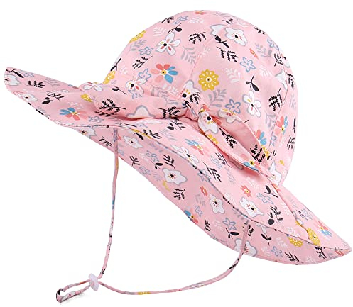 LACOFIA Baby Mädchen Sonnenhut UPF 50+ UV Schutz Kleinkind Sommer Baumwolle Mütze Strandhut Visierkappe mit Verstellbarem Kinnriemen Rosa Blumen 2-5 Jahre