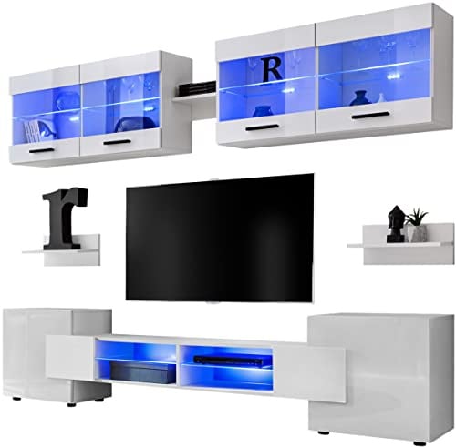 Extreme Furniture Vision Ensemble Meuble TV Mural de Salon | 2 vitrines suspendues, 3 étagères murales et 1 Meuble TV | RGB | Pratique de Rangement