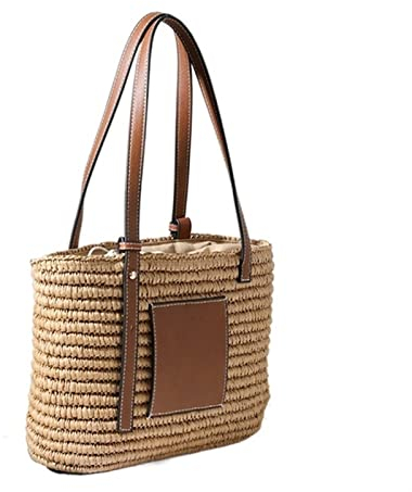 SYT-MD Sommer Damen Stroh Umhängetasche Große Kapazität Rattan Tote Handtasche Reise Beachtasche Gewebt Korb Einkaufstasche (Color : Khaki, Size : 27x10x20 cm)
