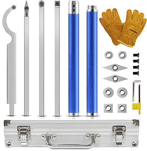 BAUSATZ 8 Pieces Lathe Turning Tools for Scraper Carbide Turning Tools Wood Lathe Chisels Wood Turning Metal Lathe Cutting Tools + 8 Pieces Extra Replaceable Blades + 1 pair Woodworking Leather Gloves