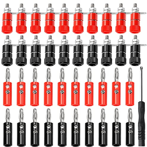 KUOQIY 40 Piezas 4mm Banana Conector Plug Socket Kit, Binding Post Terminal + 4mm Chapado Nickel Banana Enchufe, con Destornillador, para Altavoz, Audio/Video Receptor (Rojo + Negro)