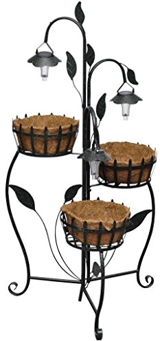Tidyard Metall Blumenampel mit LED Beleuchtung, 3 Ebenen, Stehend, Einlagen aus Kokosfasern, 47 x 48 x 109 cm, Deko Pflanzenhalter für Balkon oder Garten