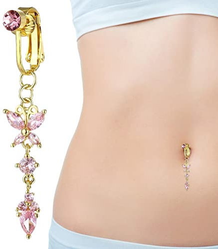 Voiakiu Pendentif Nombril,Zircon Non-Piercing Jewelry Clip sur Les Anneaux Nombril - Faux Nombril Anneau Fausses Boucles d'oreilles Papillon Coeur Non perçant Faux Ventre Bijoux