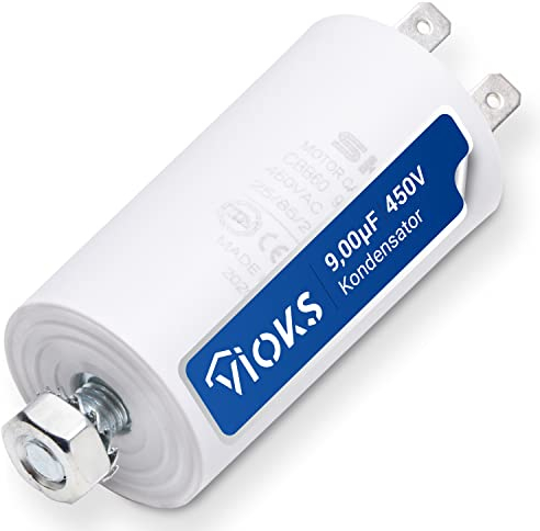 VIOKS CBB60 Kondensator 9µF 450V Anlaufkondensator - Motorstartkondensator Universal Led Entstörkondensator mit 6,3mm AMP Steckfahnen und Befestigungsschraube M8 für elektrische Hausgeräte