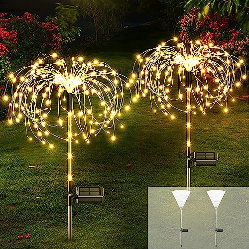 Luces de Jardín Solar,2 Piezas Luces Solares de Fuegos Artificiales,Led Luces Hadas Starburst,Fuegos Artificiales Soalres,Fuegos Artificiales Solares Navidad Decoración Luces para Césped(Cálido)