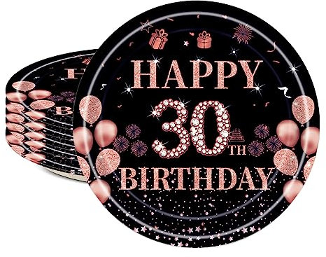 16pc Black Rose Gold Party Paper Plates, 7 Tableware for 30th Birthday Party, Happy 30th Table Decor