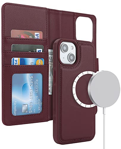 ELTEKER Hülle für iPhone 13/14 Handyhülle [Abnehmbare Magnetische] [Kabelloses Laden Kompatibel] Klapphülle Schutzhülle Lederhülle Weinrot