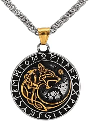 Viking Odin Wolf Fenrir Anhänger Halskette - Wikinger Schmuck für Herren, nordische Mythologie Amulett Men's Gold & Silver Stainless Steel Vegvisir Rune Celtic Jewellery Gift