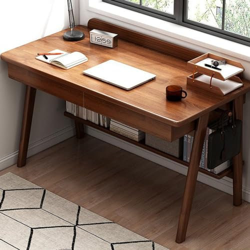 Escritorio moderno de nogal de mediados de siglo con 2 cajones de almacenamiento, escritorio para computadora de oficina en casa
