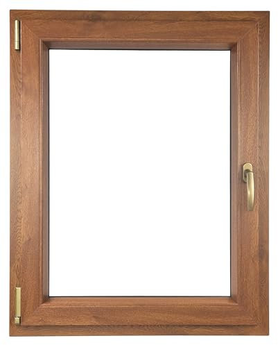 ALUCON Kellerfenster 400x600 mm – Fenster 40x60 cm – Kunststofffenster Innen Goldene Eiche/Außen Goldene Eiche – Flügelfenster DIN Links