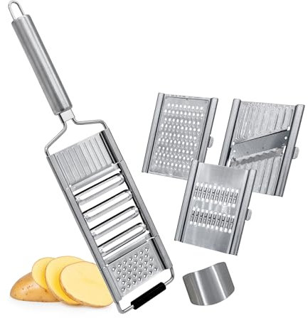 Edelstahl Gemüsehobel mit 4 Aufsätzen - 37 x 8 cm - Metall Küchenreibe inklusive Fingerschutz - Gemüseschneider Kartoffelreibe Küchenhobel Käsereibe Handreibe