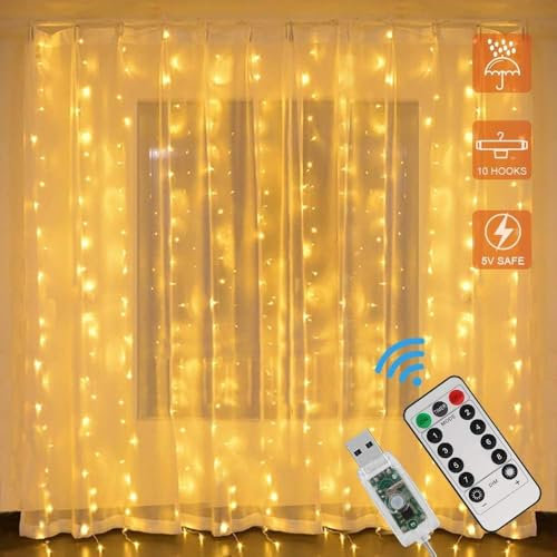 GOMETY LED Lichtervorhang,3 x 2m 200 LEDS USB Lichterkettenvorhang,8 Modi mit Fernbedienung,Lichterkette für Schlafzimmer, innen außen Dekoration, Party Hochzeit Weihnachten (Warmweiß, 3x2M)
