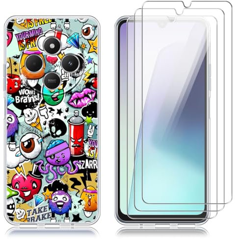 Cover per Xiaomi Redmi 14C 4G/ Redmi A4 5G/Poco C75 con 3 Pezzi Vetro Temperato Pellicola, Graffiti Colorati TPU Morbido Antiurto Protettiva Custodia Case per Redmi 14C 4G/ Redmi A4 5G/Poco C75