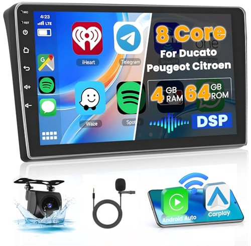 Ohradio 8 Core/4G+64G/DSP Android 15 Radio Coche para Fiat Ducato 3/Peugeot Boxer 2/Citroen Jumper 2 2011-2022 con Android Auto CarPlay inalámbrico, 9 Pantalla Táctil con BT GPS WiFi RDS FM USB+CAM