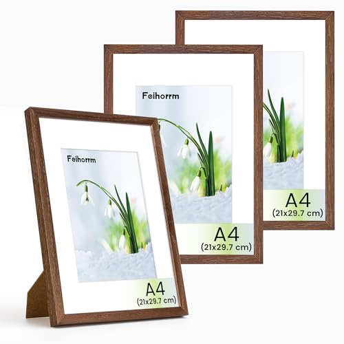 Feihorrm Bilderrahmen, A4 Fotorahmen aus Eiche, Mit gehärtetem Glas, Für 21x29,7 cm-Fotos ohne Passepartout oder 13,9x20 cm-Fotos mit Passepartout (Dunkel Braun, A4 (21x29,7 cm)/ 3x)