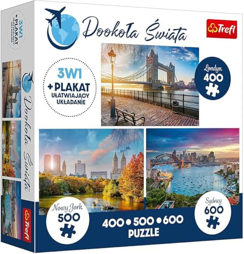 Trefl 3-in-1-Puzzle-Set – London Tower Bridge, Central Park New York & Sydney Harbour – 400, 500 & 600 Teile Puzzles für Erwachsene & Kinder ab 14 Jahren